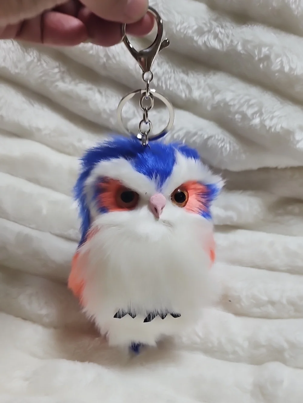 Blue & Peach Faux Fur Owl Keychain Plush. New No Tag